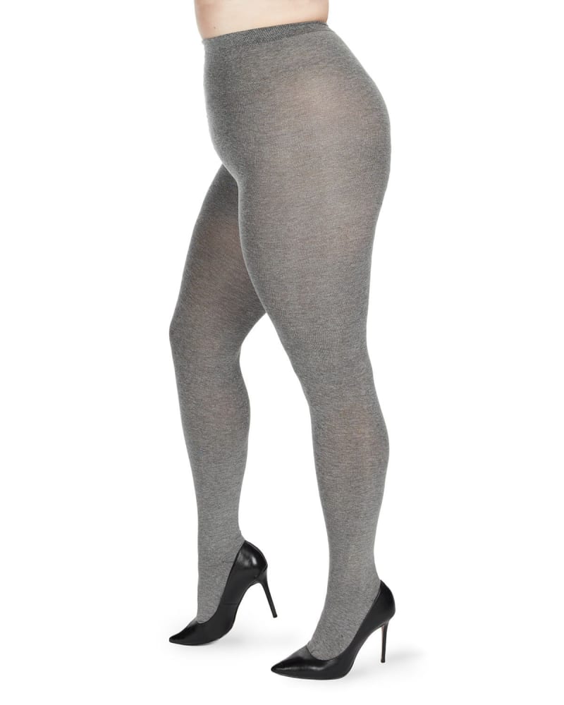 Side of a model wearing a size 5X-6X Brooklyn Flat Knit Cotton Blend Sweater Tights in Medium Gray by Memoi. | dia_product_style_image_id:299634